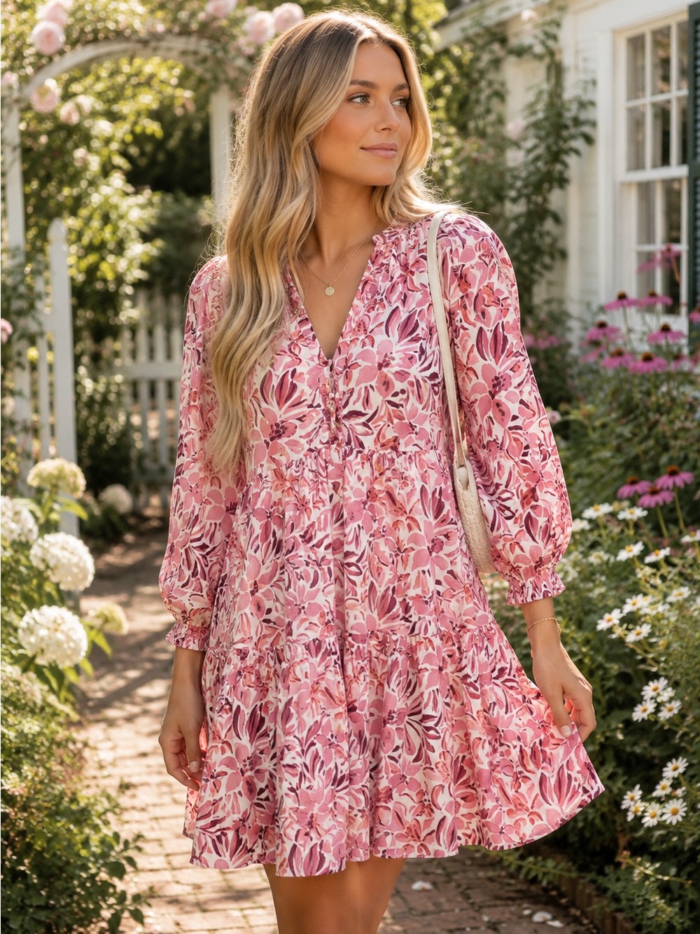 Garnet Hill Pink Floral Long Sleeve Linen Dress